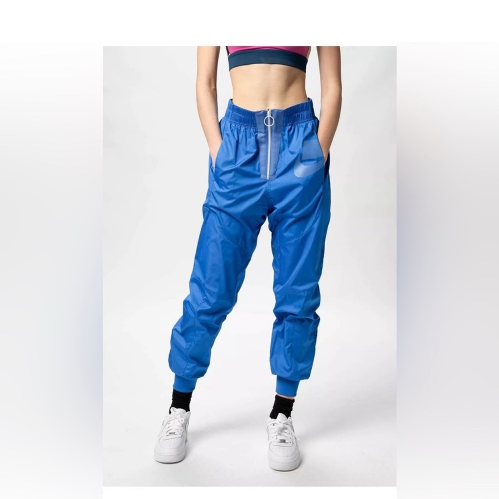 Nike Shiny Royal Blue Nylon Windpants Full Front Zipper Big Swoosh Y2K